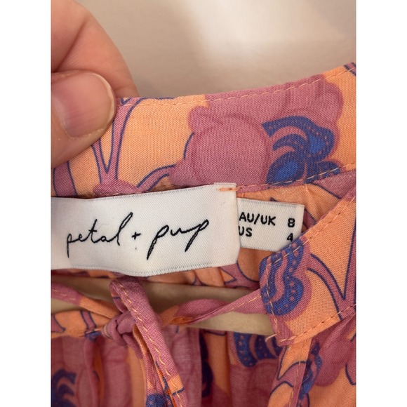 Petal + Pup Mini Dress 4 Peach Floral Paisley Tiered Boho Cottagecore Pockets - Picture 6 of 10